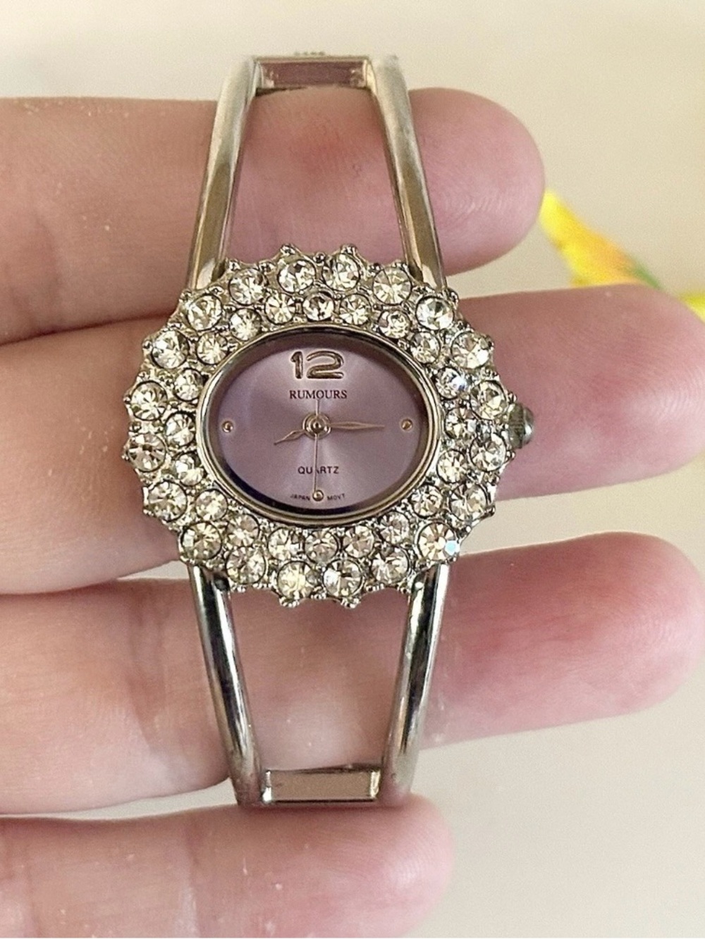 Womens Beautiful Silver Crystal Watch WORKS Hinged Purple Rhinestone Flower Cuff